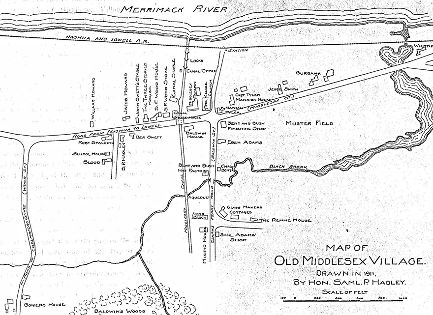 1911 sketch of Middlesex Village by Judge Hadley